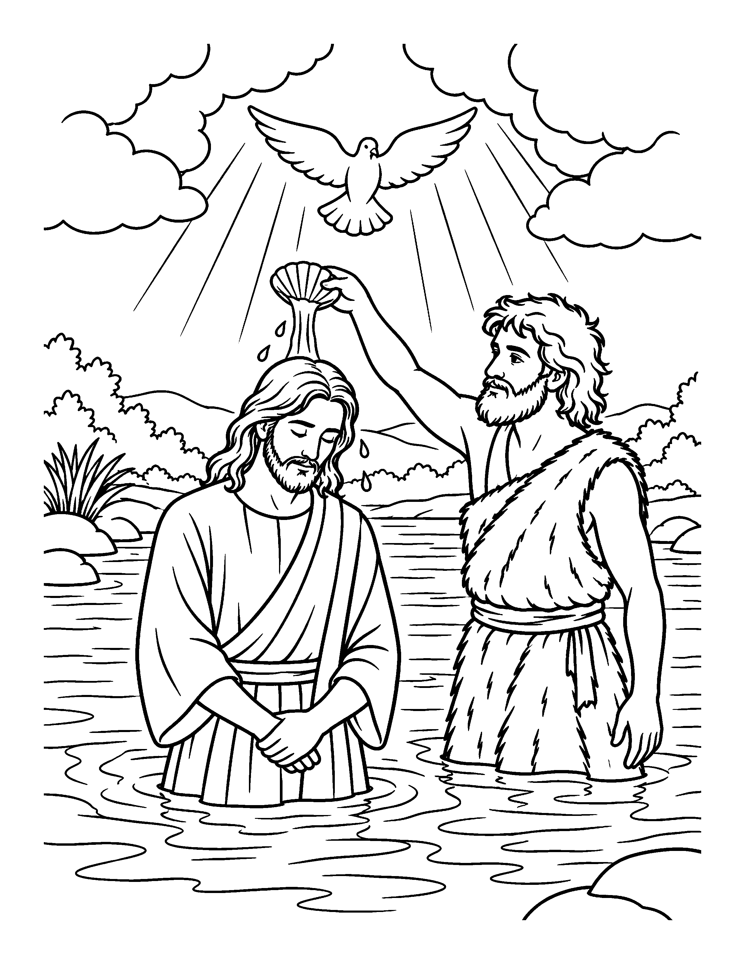 Jesus Being Baptized by John in the River Coloring Page